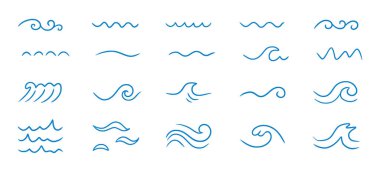 Wave sea line doodle icon set. Hand drawn sketch water wave outline. Simple curve, scribble aqua flow. Isolated vector illustration.