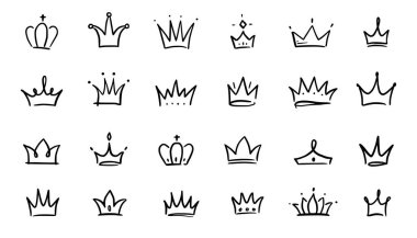 Doodle crown hand drawn set. Doodle princess crown, queen tiara. Line sketch royal element. Queen, king hand drawn simple design element. Isolated vector illustration.