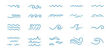 Wave sea line doodle icon set. Hand drawn sketch water wave outline. Simple curve, scribble aqua flow. Isolated vector illustration.