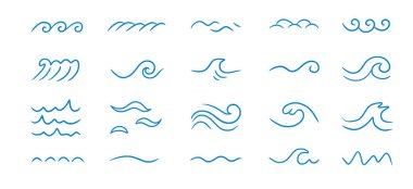 Wave sea line doodle icon set. Hand drawn sketch water wave outline. Simple curve, scribble aqua flow. Isolated vector illustration.