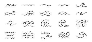 Wave sea line doodle icon set. Hand drawn sketch water wave outline. Simple curve, scribble aqua flow. Isolated vector illustration.