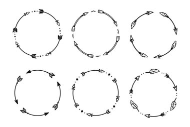 Arrow circle american pattern frame set. Hand drawn doodle boho, rustic arrow border, ornament circle frame. Tribal boho decor design. Vector illustration.