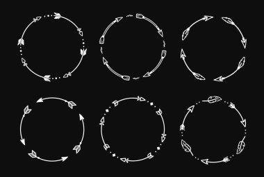 Boho arrow circle frame set. Hand drawn doodle african, aztec rustic ethnic arrow border, ornament circle frame. Tribal boho decor design. Vector illustration.