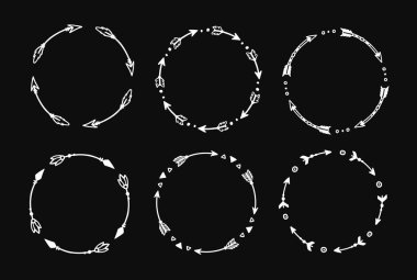 Boho arrow circle frame set. Hand drawn doodle african, aztec rustic ethnic arrow border, ornament circle frame. Tribal boho decor design. Vector illustration.