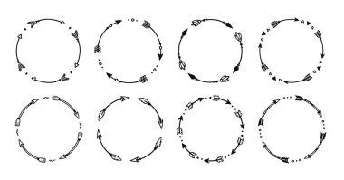 Boho arrow circle frame set. Hand drawn doodle african, aztec rustic ethnic arrow border, ornament circle frame. Tribal boho decor design. Vector illustration.