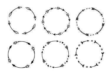 Boho arrow circle frame set. Hand drawn doodle african, aztec rustic ethnic arrow border, ornament circle frame. Tribal boho decor design. Vector illustration.