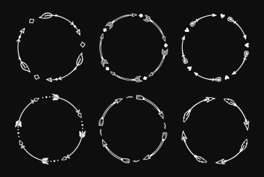 Boho arrow circle frame set. Hand drawn doodle african, aztec rustic ethnic arrow border, ornament circle frame. Tribal boho decor design. Vector illustration.