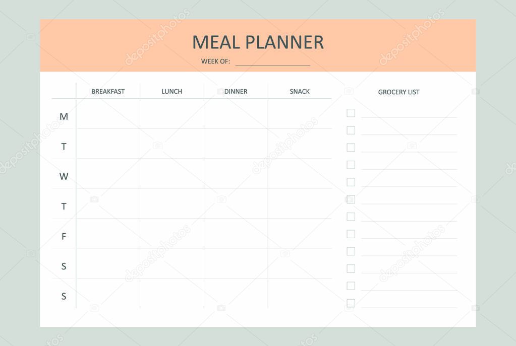 Weekly Meal Planner and grocery list, template, vector