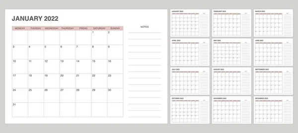 Набор Календарь 2022 Корпоративный Стиль Начало Понедельника — стоковый вектор