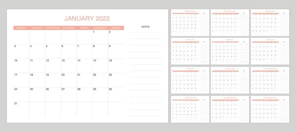 Набор Календаря 2022 Примечаниями — стоковый вектор