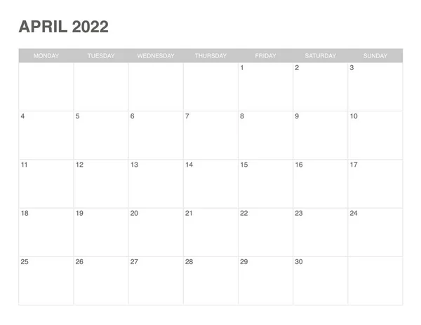 Calendário Abril 2022 Design Simples —  Vetores de Stock