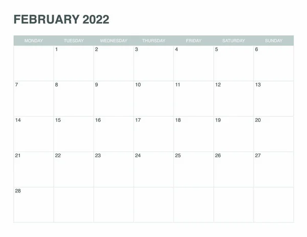 Kalender Februari 2022 Eenvoudig Ontwerp — Stockvector
