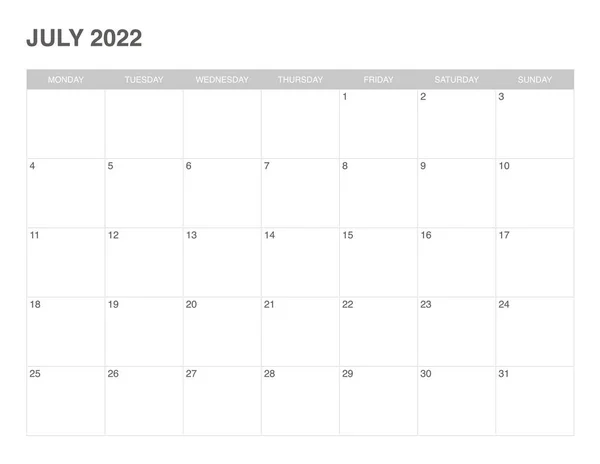 Juli 2022 Kalender Met Eenvoudig Ontwerp — Stockvector