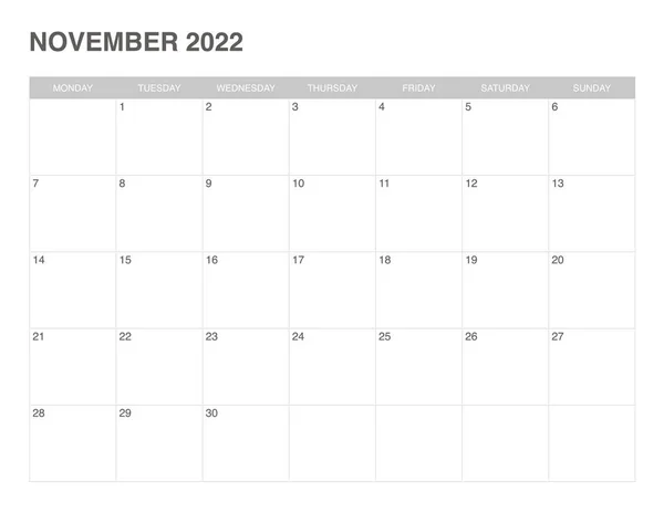 Calendario Simple Noviembre 2022 Inicio Lunes — Vector de stock