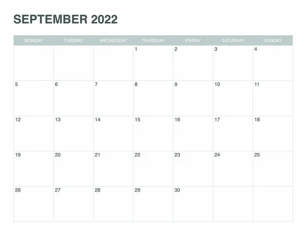 Egyszerű Naptár Szeptember 2022 Hétfő Kezdés — Stock Vector