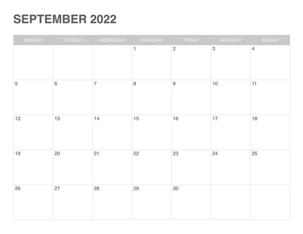 Calendario Simple Septiembre 2022 Inicio Lunes — Vector de stock