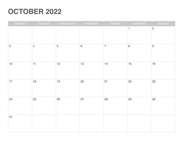 Simple Calendar October 2022 Start Monday — Vetor de Stock