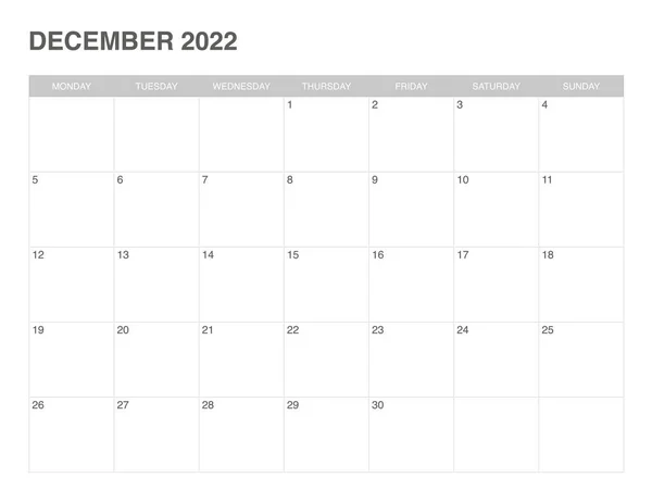 2022年12月 星期一开始 — 图库矢量图片