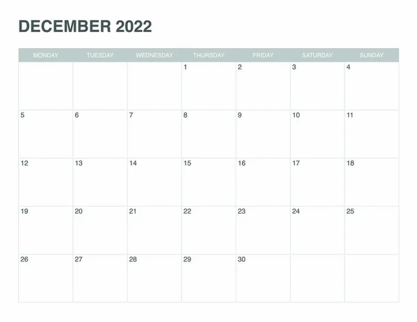 Eenvoudige Kalender December 2022 Start Maandag — Stockvector