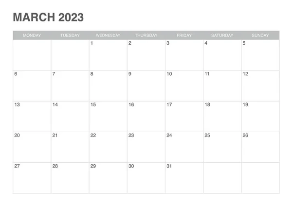 Calendar March 2023 Start Monday —  Vetores de Stock