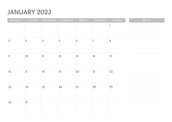 Calendario Enero 2023 Con Nota — Vector de stock