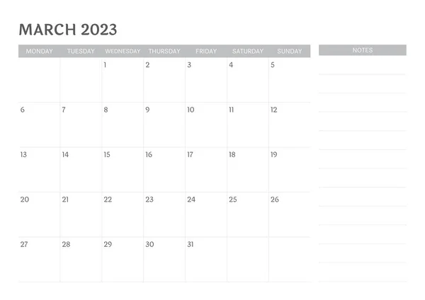 Calendário Março 2023 Com Notas — Vetor de Stock