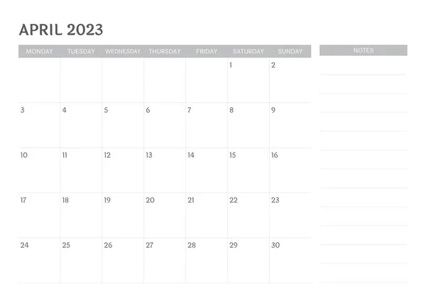 Календар Квітня 2023 Нотатками — стоковий вектор