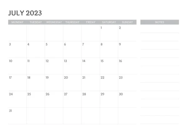 Eenvoudige Kalender Juli 2023 Met Notities — Stockvector