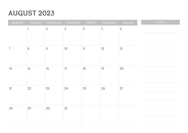 Eenvoudige Kalender Augustus 2023 Met Notities — Stockvector