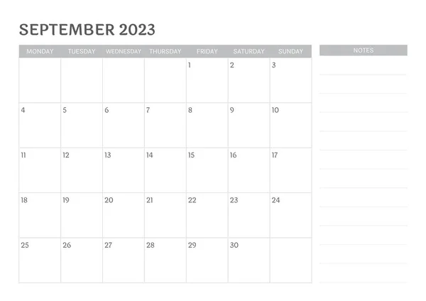 Eenvoudige Kalender September 2023 Met Notities — Stockvector