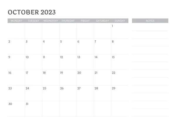 Απλό Ημερολόγιο Οκτώβριος 2023 Σημειώσεις — Διανυσματικό Αρχείο