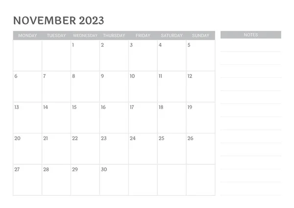 Ontwerp Kalender November 2023 Met Notities — Stockvector