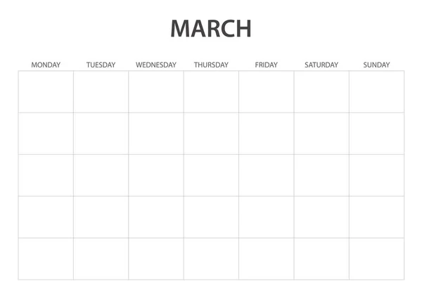 March Monthly Blank Takvimi Yazdırılabilir — Stok Vektör