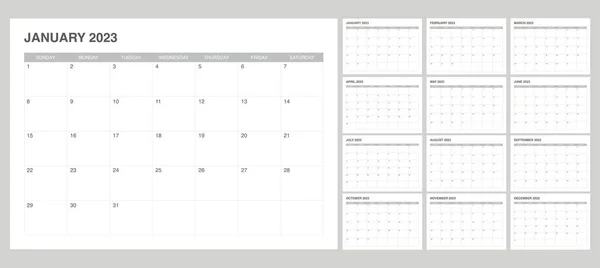 Simple Set Calendar 2023 Start Sunday — Stock Vector