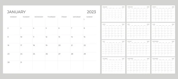 2023 Calendar Printable Start Monday — Stock Vector