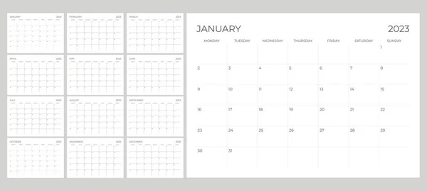 2023 Simple Calendar Printable Start Monday — Stock Vector