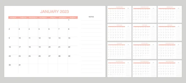 Набор Календарь 2023 Розовым Цветом — стоковый вектор