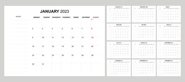 Простой Минималистский Календарь 2023 Начинается Понедельник — стоковый вектор