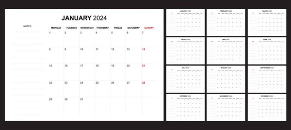 Simple Set Calendar 2024 Start Monday — Stock Vector