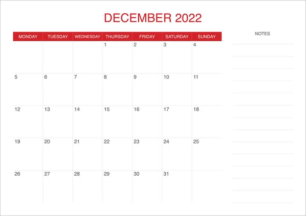 Kalender December 2022 Met Rode Kleur — Stockvector