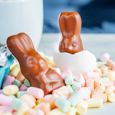 Bahar Paskalya Bayramı doğum festivali sezonunun arka planında renkli tatlı çikolatalı yumurta ve marşmelov yuvasında tavşan kulağı