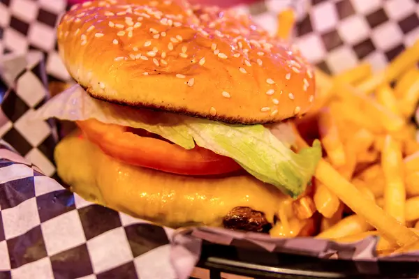 Gourmet pub hamburger with fries — Stock Photo, Image