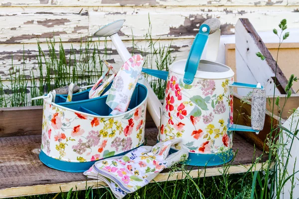 Colorful Gardening Tools on Bench — Stock Photo, Image