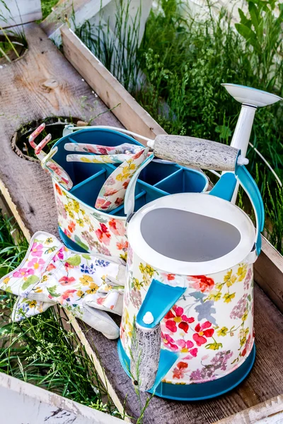 Colorful Gardening Tools on Bench — Stock Photo, Image