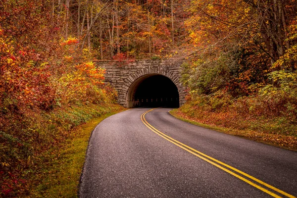 Route Pavée Menant Entrée Tunnel Montagne Long Route Panoramique Automne — Photo