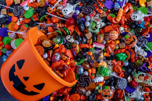 Orange Candy Halloween Pail Happy Black Jack Lantern Face Painted — Stock Photo, Image