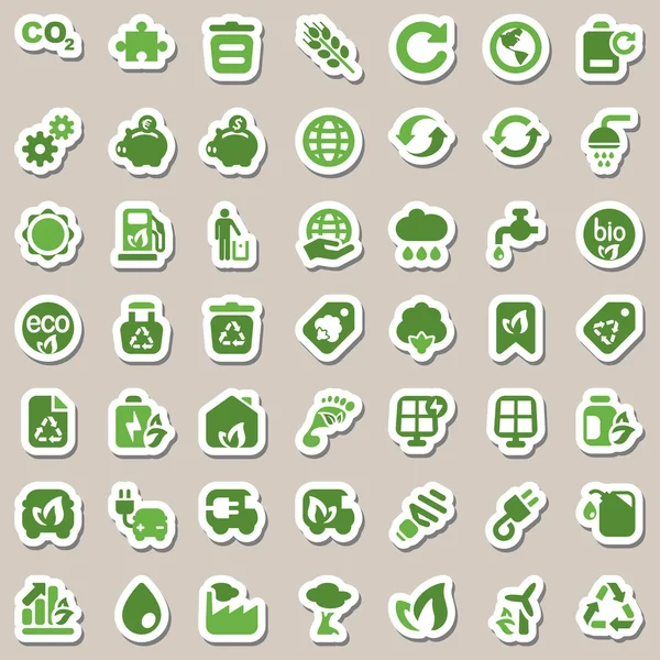 Iconset ecologia verde e bianco, adesivo — Vettoriale Stock