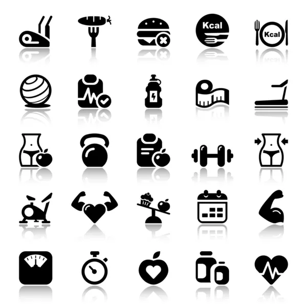 Fitness & gezondheid iconset zwarte reflex — Stockvector