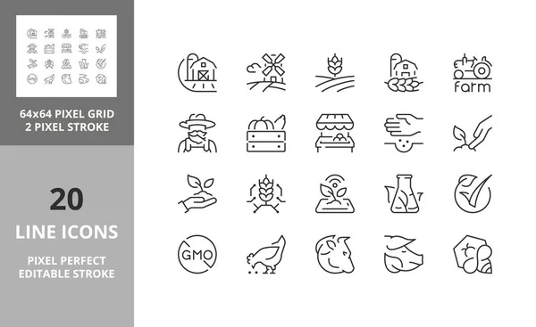 一套细线图标有机食品生产和新的农业技术 轮廓符号集合 可编辑的矢量行程 64和256 Pixel完美可扩展性为128Px — 图库矢量图片