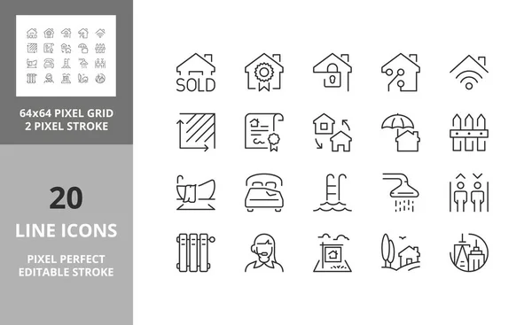 Eine Reihe Schmaler Symbole Für Häuser Und Immobiliendienstleistungen Umrissene Symbolsammlung — Stockvektor